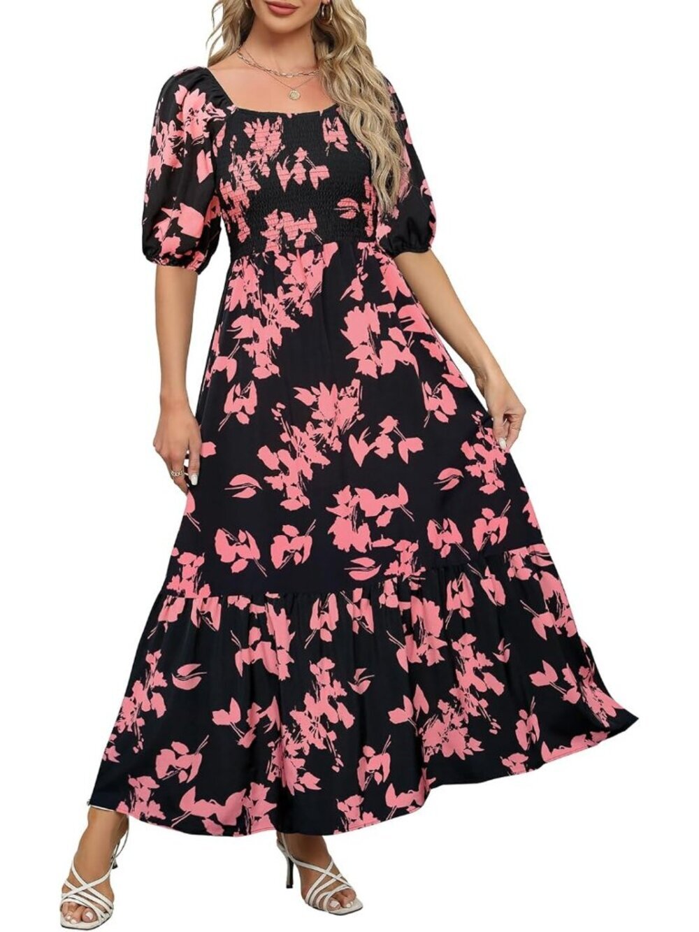Women's Black Pink Puff Sleeve Square Neck Tiered Ruffle Ankle Length Maxi Dress